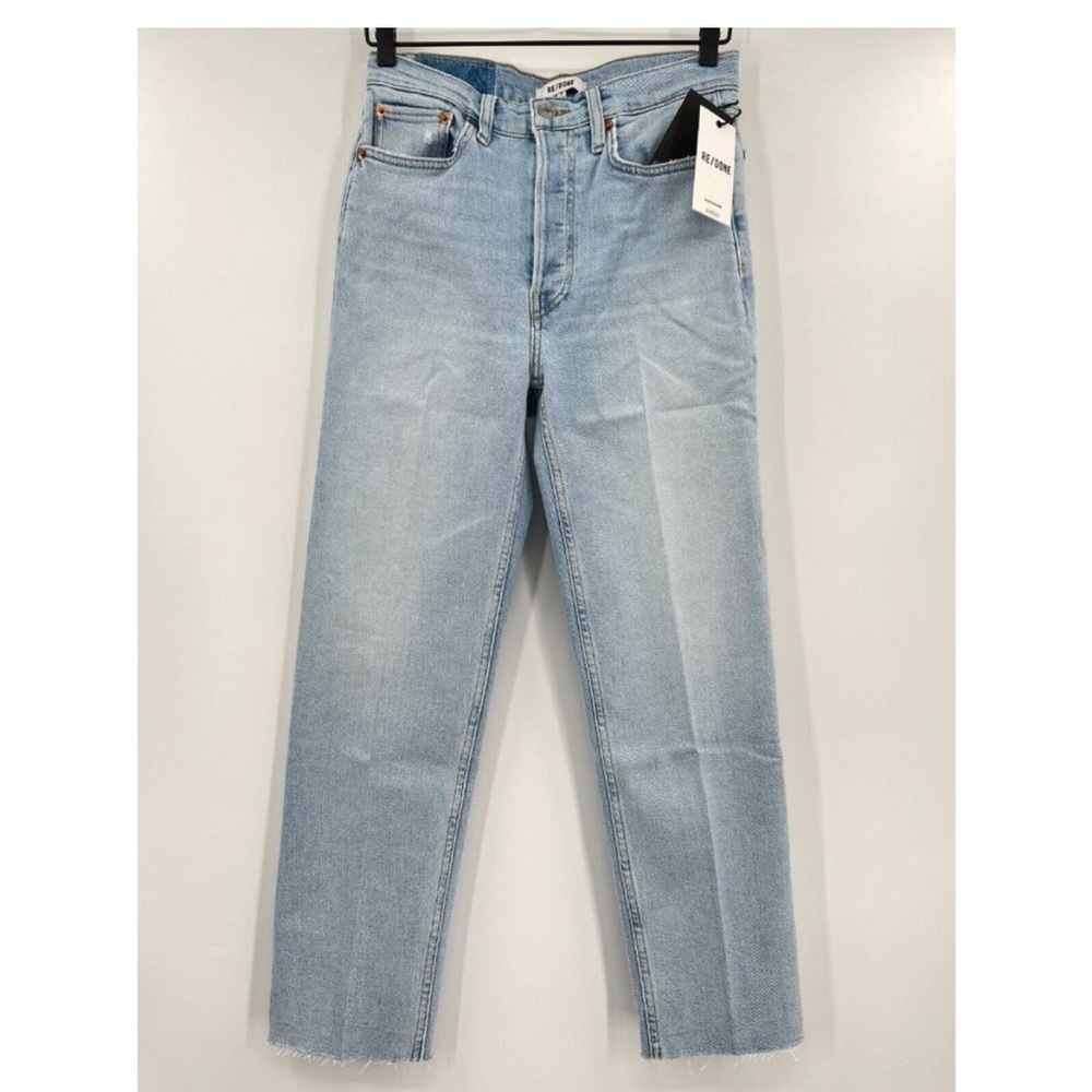 Re/Done Womens 70s Stove Pipe High Rise Straight Leg Jeans Crop Icy Blue 27 $265
